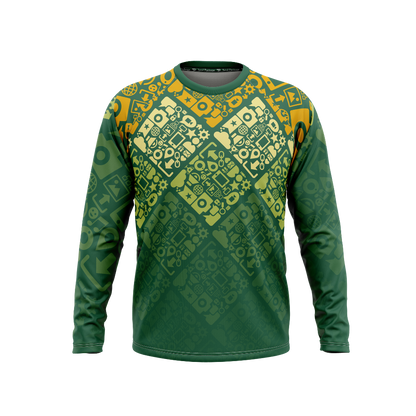 Green long-sleeve shirt with geometric pattern on a white background