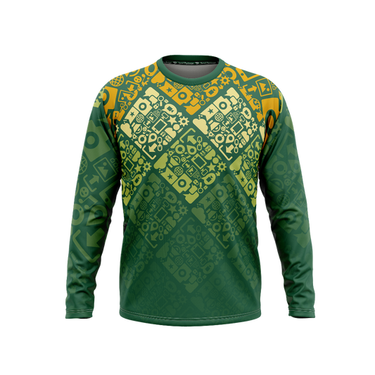 Green long-sleeve shirt with geometric pattern on a white background
