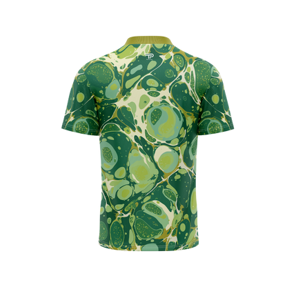 Green and white patterned shirt on a white background