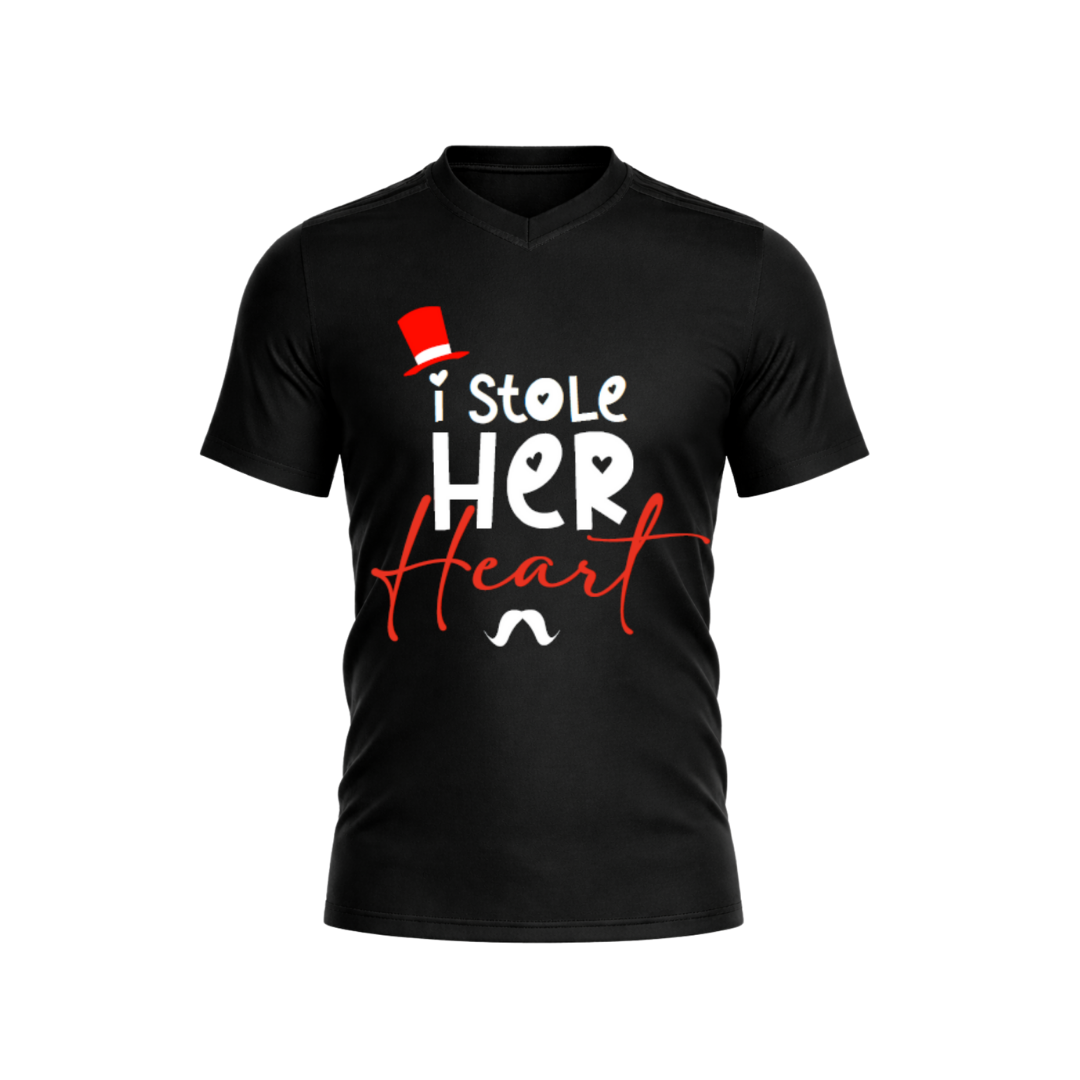 Black t-shirt with 'I Stole Her Heart' text design on a white background