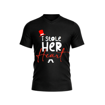 Black t-shirt with 'I Stole Her Heart' text design on a white background