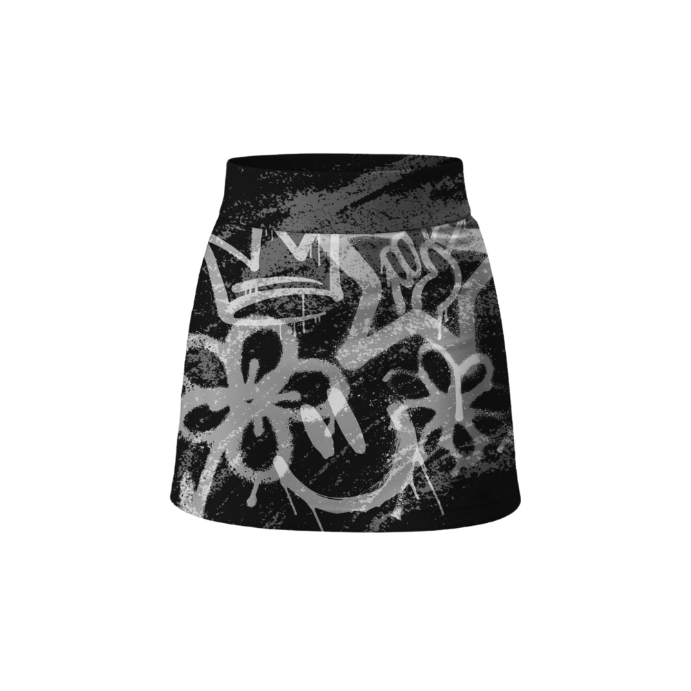 Black mini skirt with white graffiti-style design on a white background