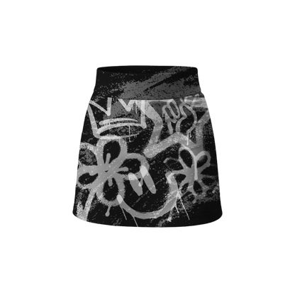 Black mini skirt with white graffiti-style design on a white background