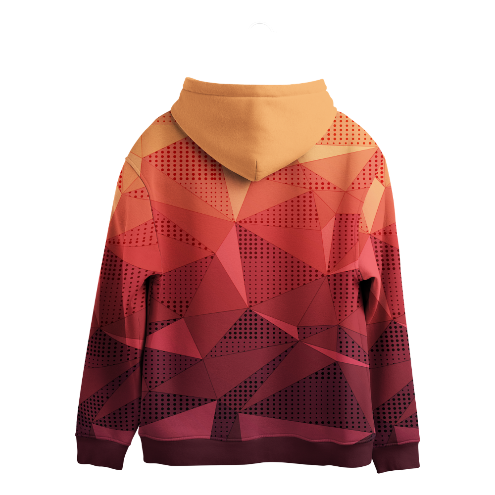 Hoodie with geometric pattern in red and orange on a white background