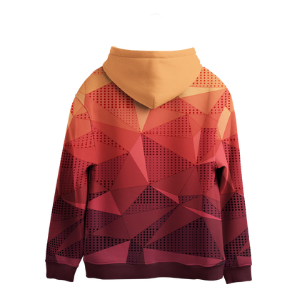 Hoodie with geometric pattern in red and orange on a white background