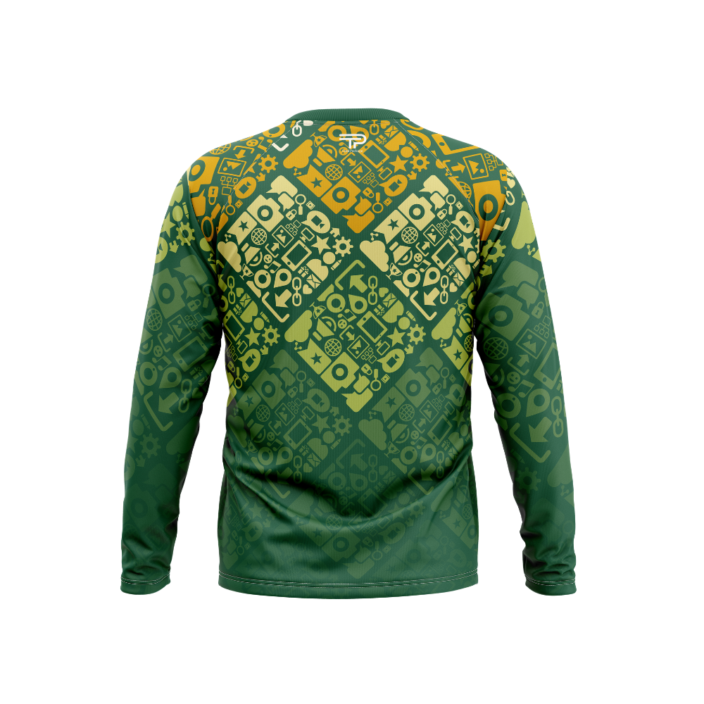 Green long-sleeve shirt with a geometric pattern on a white background