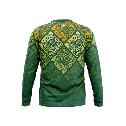 Green long-sleeve shirt with a geometric pattern on a white background
