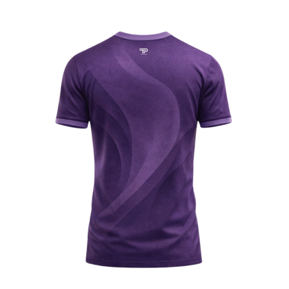Purple t-shirt with a brand logo on a white background