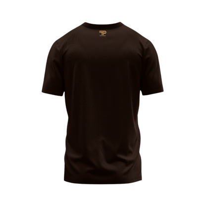 Black t-shirt with a logo on a white background