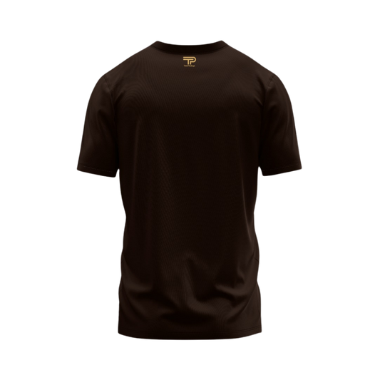 Black t-shirt with a logo on a white background