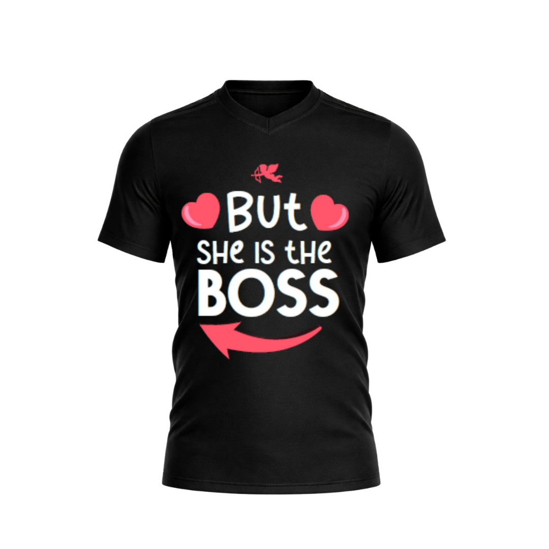 Black t-shirt with 'But she is the boss' text and heart graphics on a white background