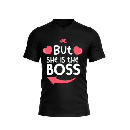 Black t-shirt with 'But she is the boss' text and heart graphics on a white background