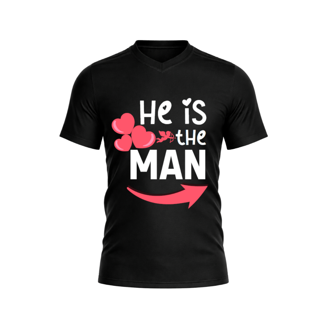 Black t-shirt with 'He is the Man' text and heart design on a white background