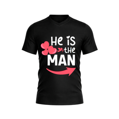 Black t-shirt with 'He is the Man' text and heart design on a white background