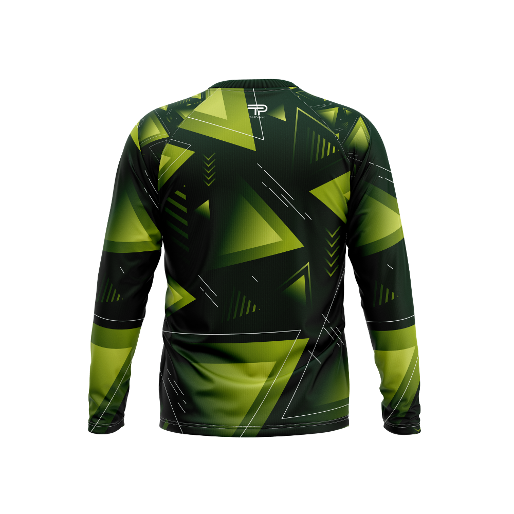 Green and black geometric patterned long-sleeve shirt on a white background