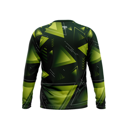 Green and black geometric patterned long-sleeve shirt on a white background