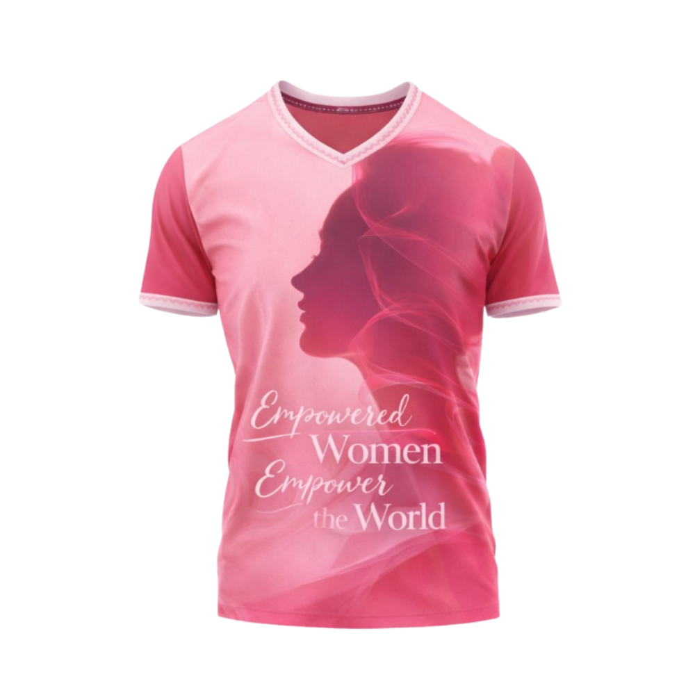 Pink t-shirt with a silhouette of a woman and text on a white background