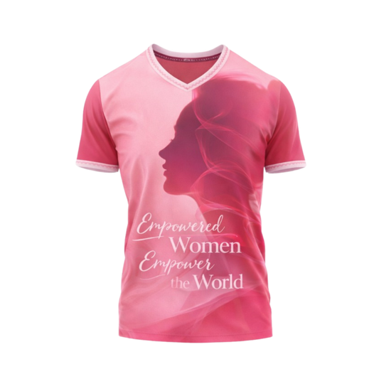 Pink t-shirt with a silhouette of a woman and text on a white background