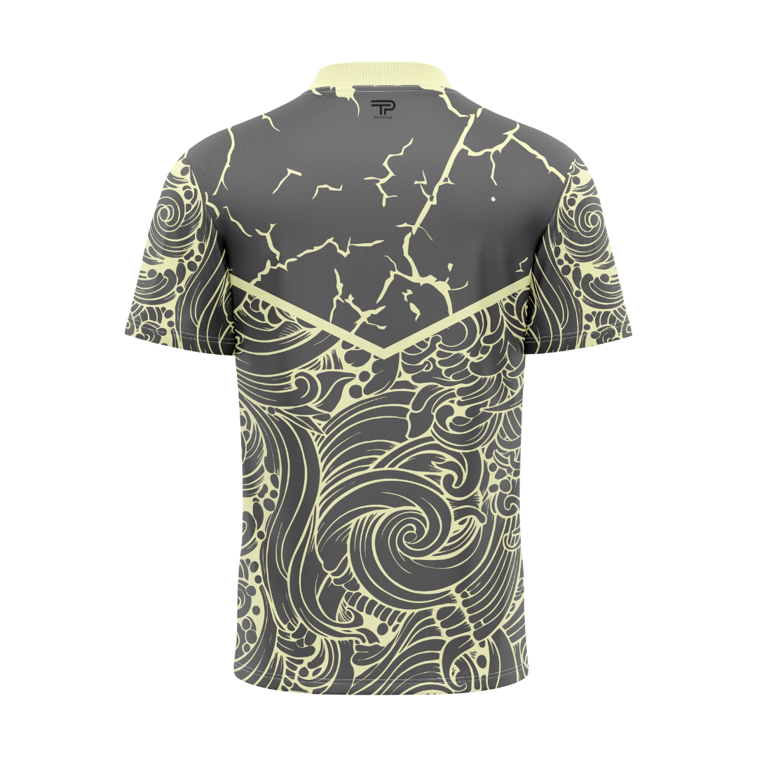 Gray and yellow patterned shirt on a white background