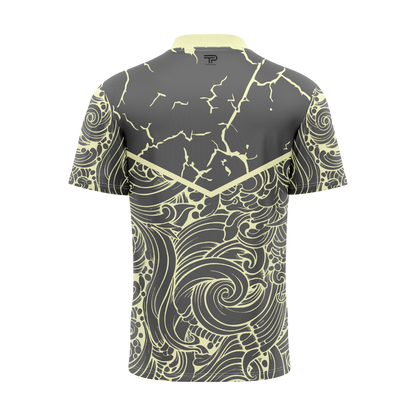 Gray and yellow patterned shirt on a white background