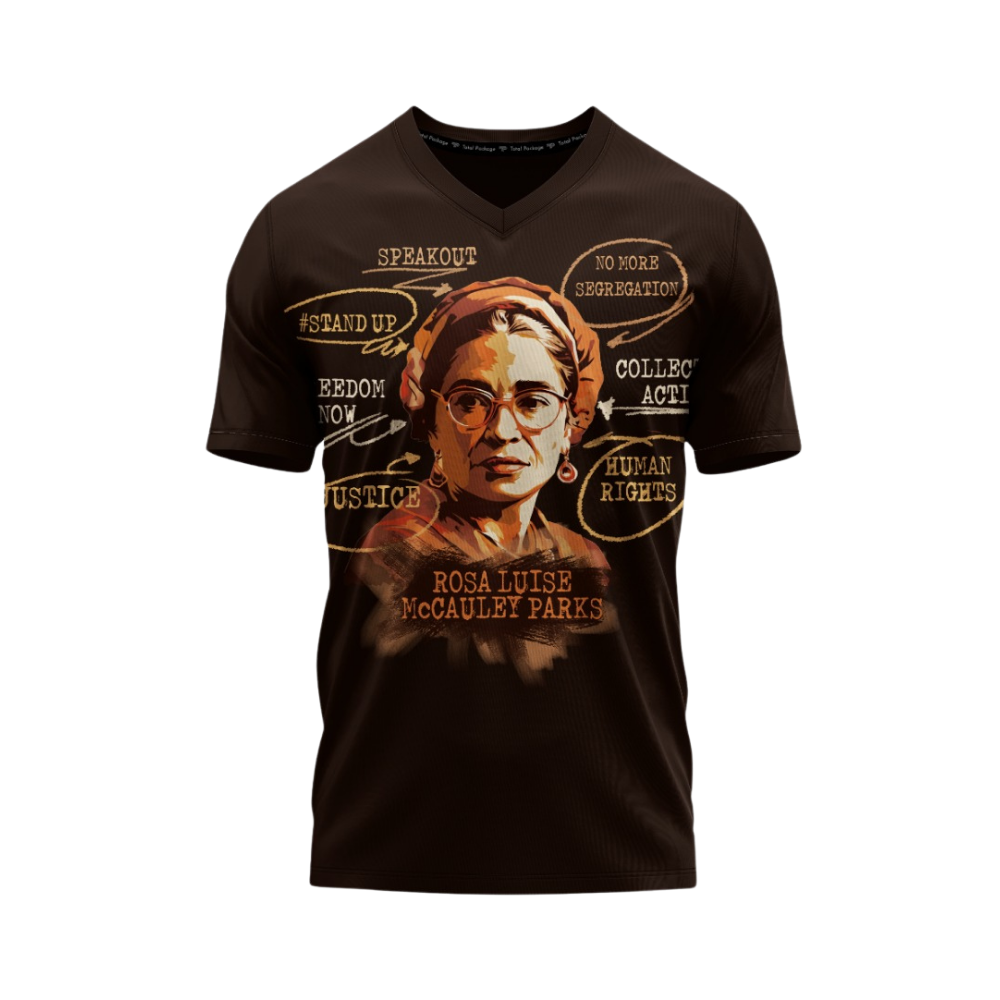 Black t-shirt with a graphic of Rosa Parks and motivational text on a white background