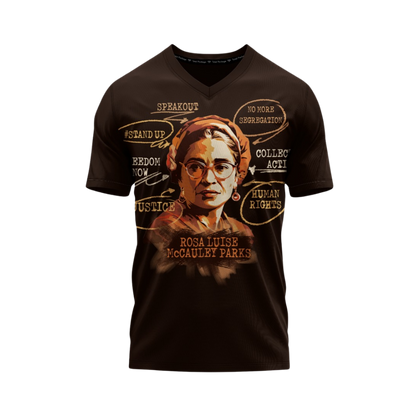 Black t-shirt with a graphic of Rosa Parks and motivational text on a white background
