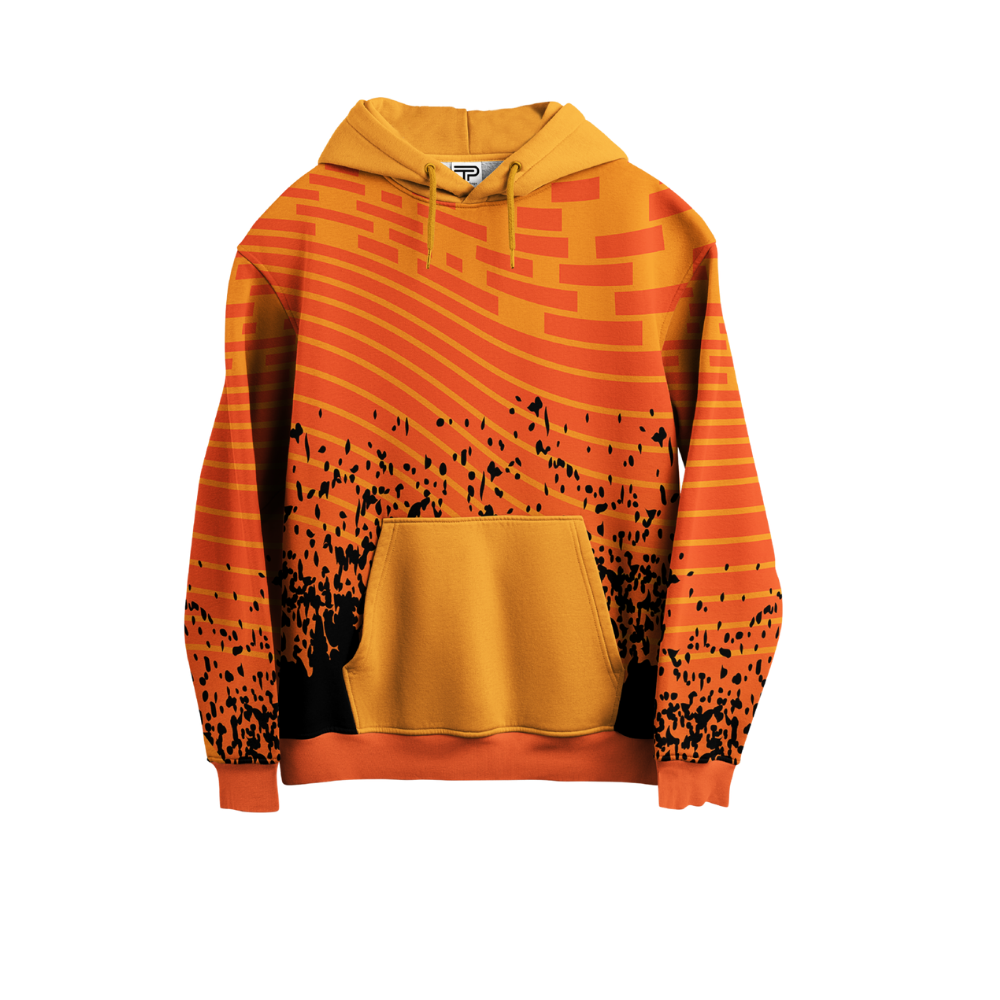 Orange and black patterned hoodie on a white background