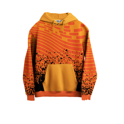 Orange and black patterned hoodie on a white background