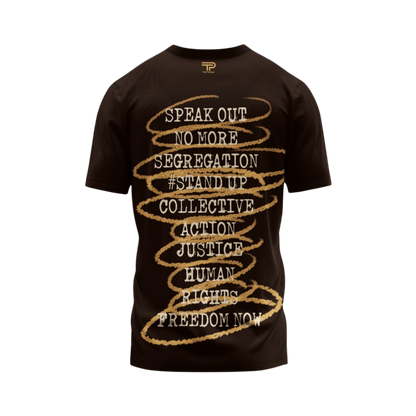 Black t-shirt with gold text on a white background