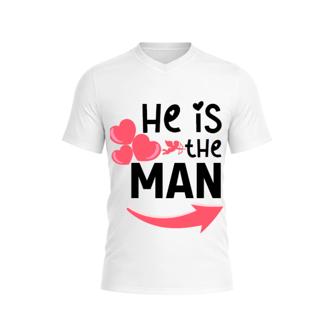 White t-shirt with 'He is the Man' text and graphics on a white background