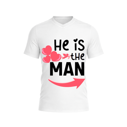 White t-shirt with 'He is the Man' text and graphics on a white background