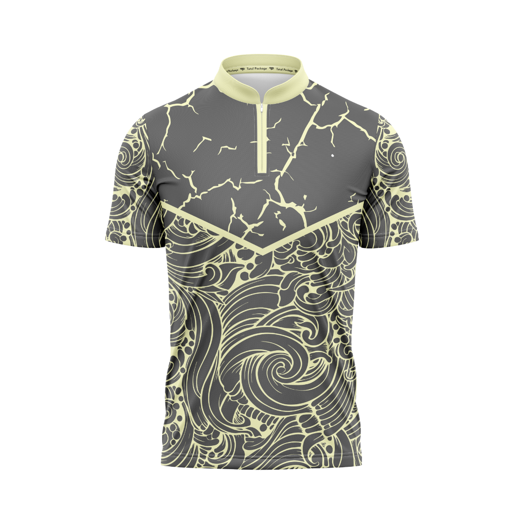 Gray and yellow patterned shirt on a white background