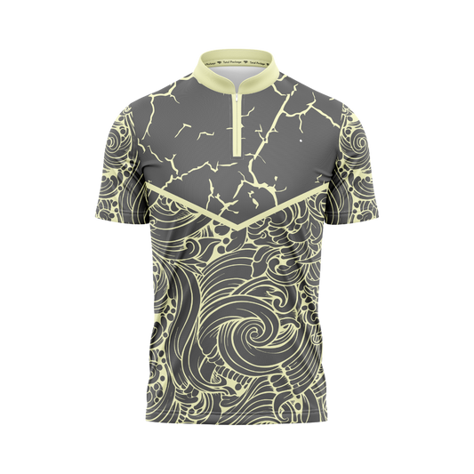 Gray and yellow patterned shirt on a white background