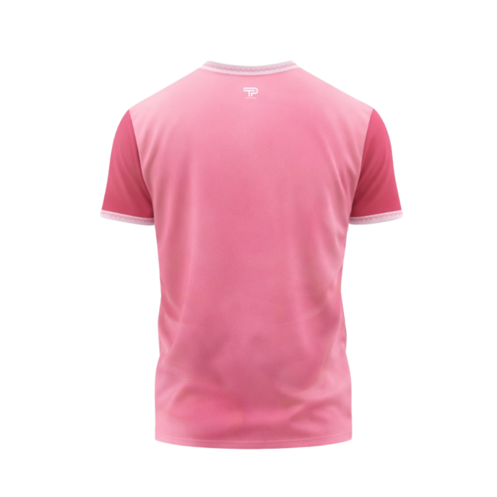 Pink t-shirt with a logo on the chest against a white background