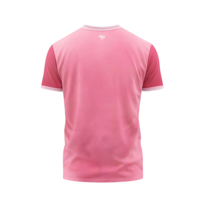 Pink t-shirt with a logo on the chest against a white background