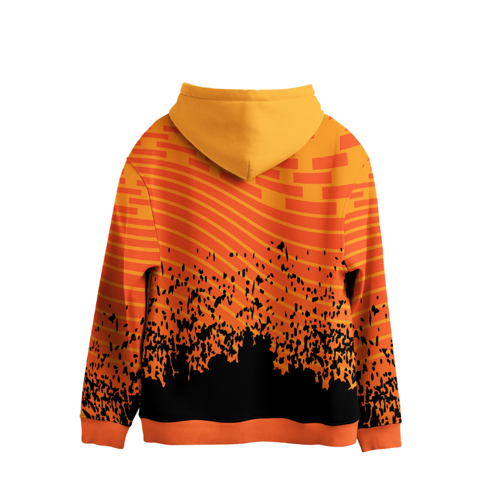 Orange and black hoodie with abstract design on a white background