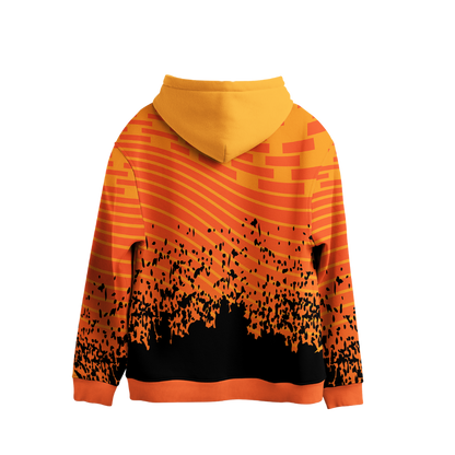 Orange and black hoodie with abstract design on a white background