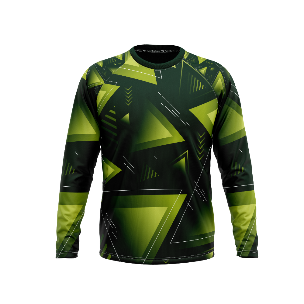 Green and black geometric patterned long-sleeve shirt on a white background