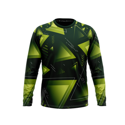Green and black geometric patterned long-sleeve shirt on a white background