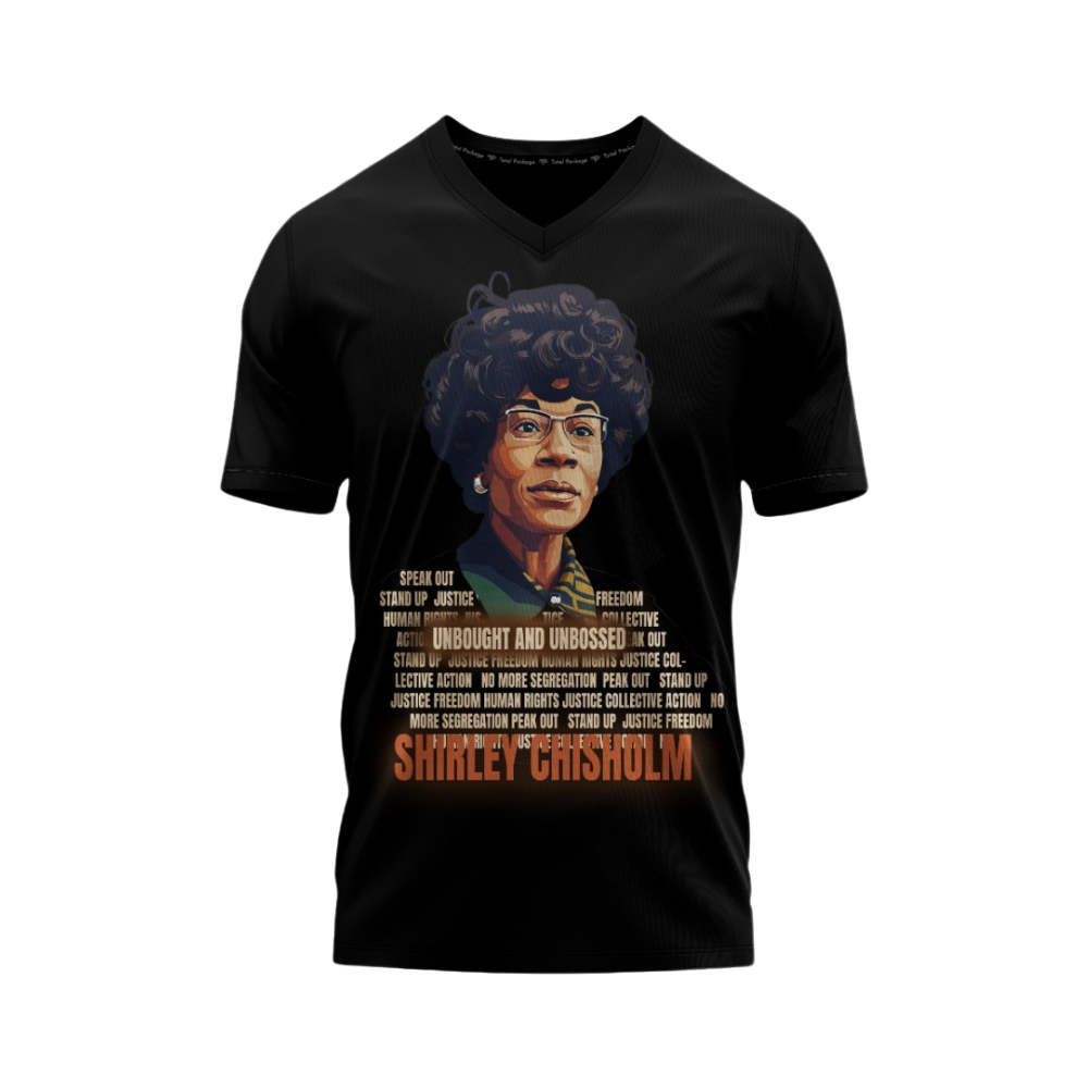 Black t-shirt with a graphic of Shirley Chisholm and text on a white background