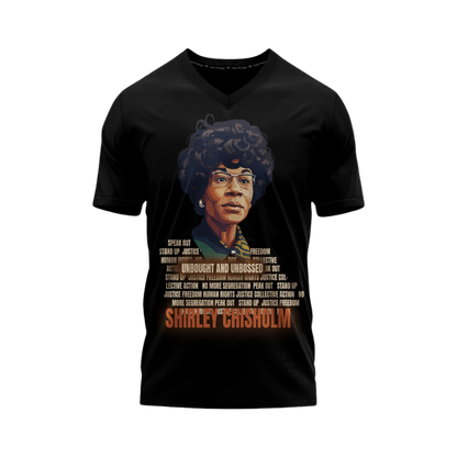 Black t-shirt with a graphic of Shirley Chisholm and text on a white background