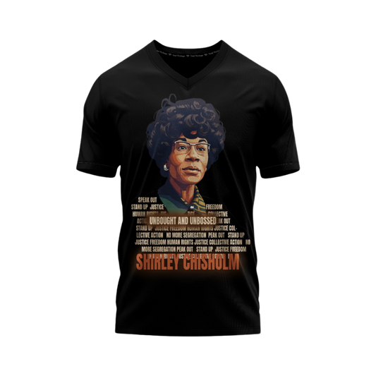 Black t-shirt with a graphic of Shirley Chisholm and text on a white background