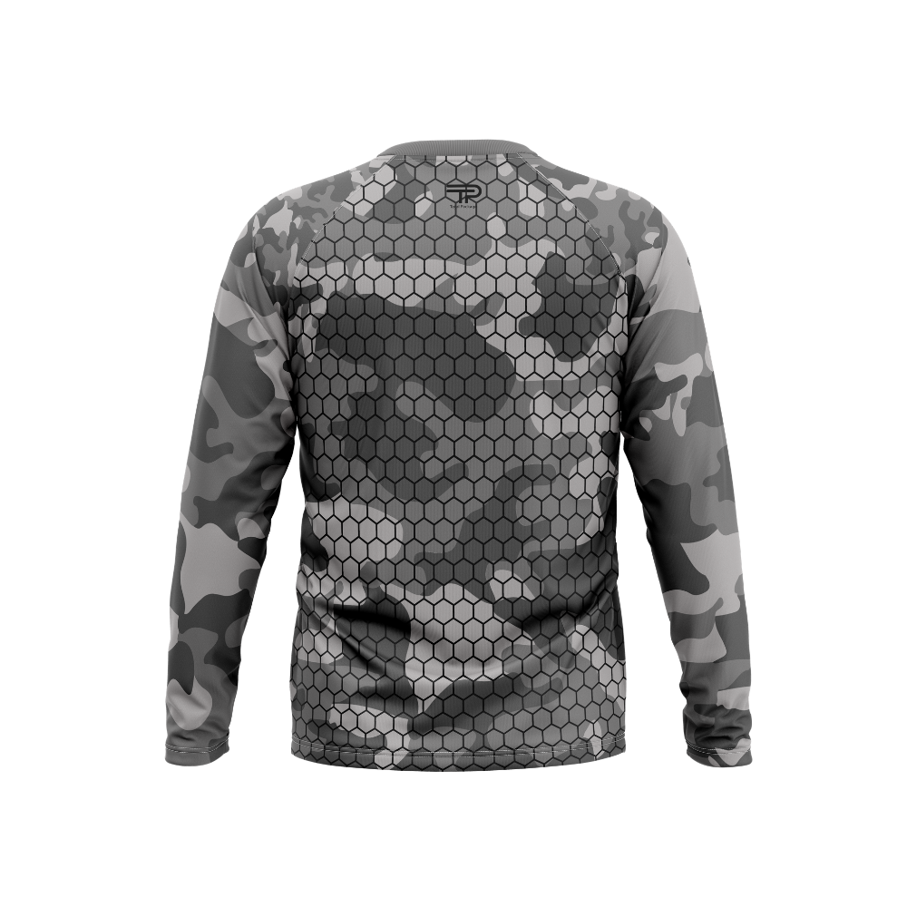 Hexagonal patterned long-sleeve shirt with camouflage design on a white background