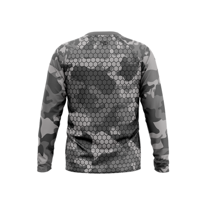 Hexagonal patterned long-sleeve shirt with camouflage design on a white background