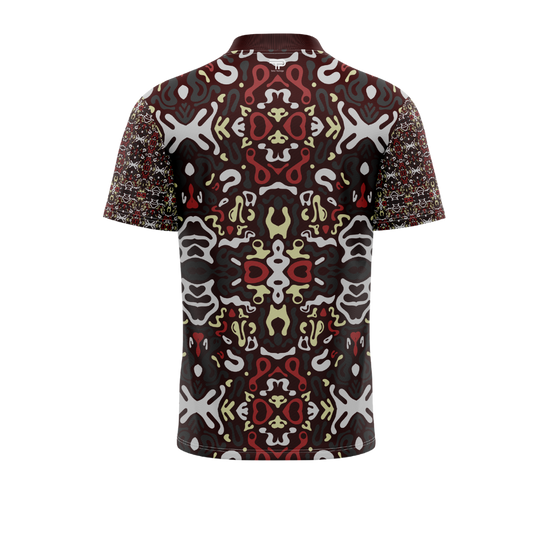 Short-sleeve shirt with a colorful geometric pattern on a white background