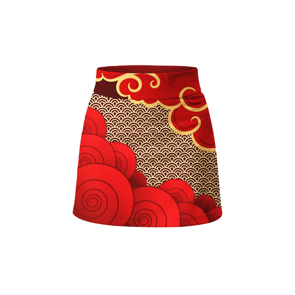 Red skirt with gold and beige pattern on a white background