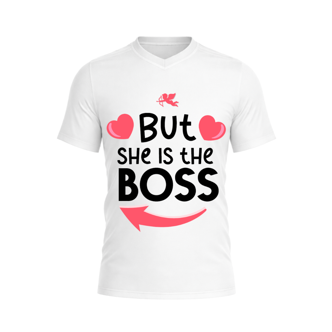 White t-shirt with 'But she is the boss' text design on a white background