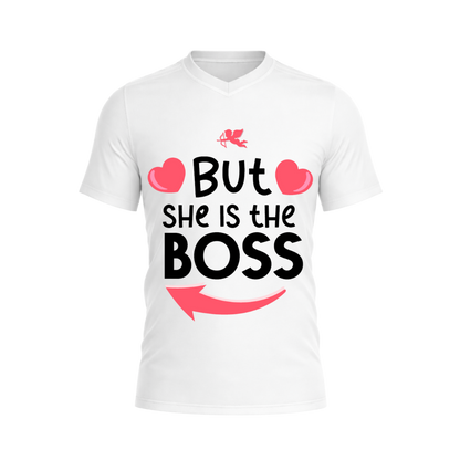 White t-shirt with 'But she is the boss' text design on a white background