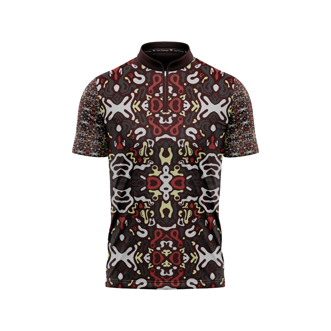 Short-sleeve shirt with a colorful geometric pattern on a white background