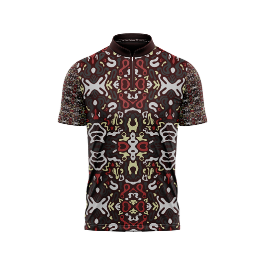 Short-sleeve shirt with a colorful geometric pattern on a white background